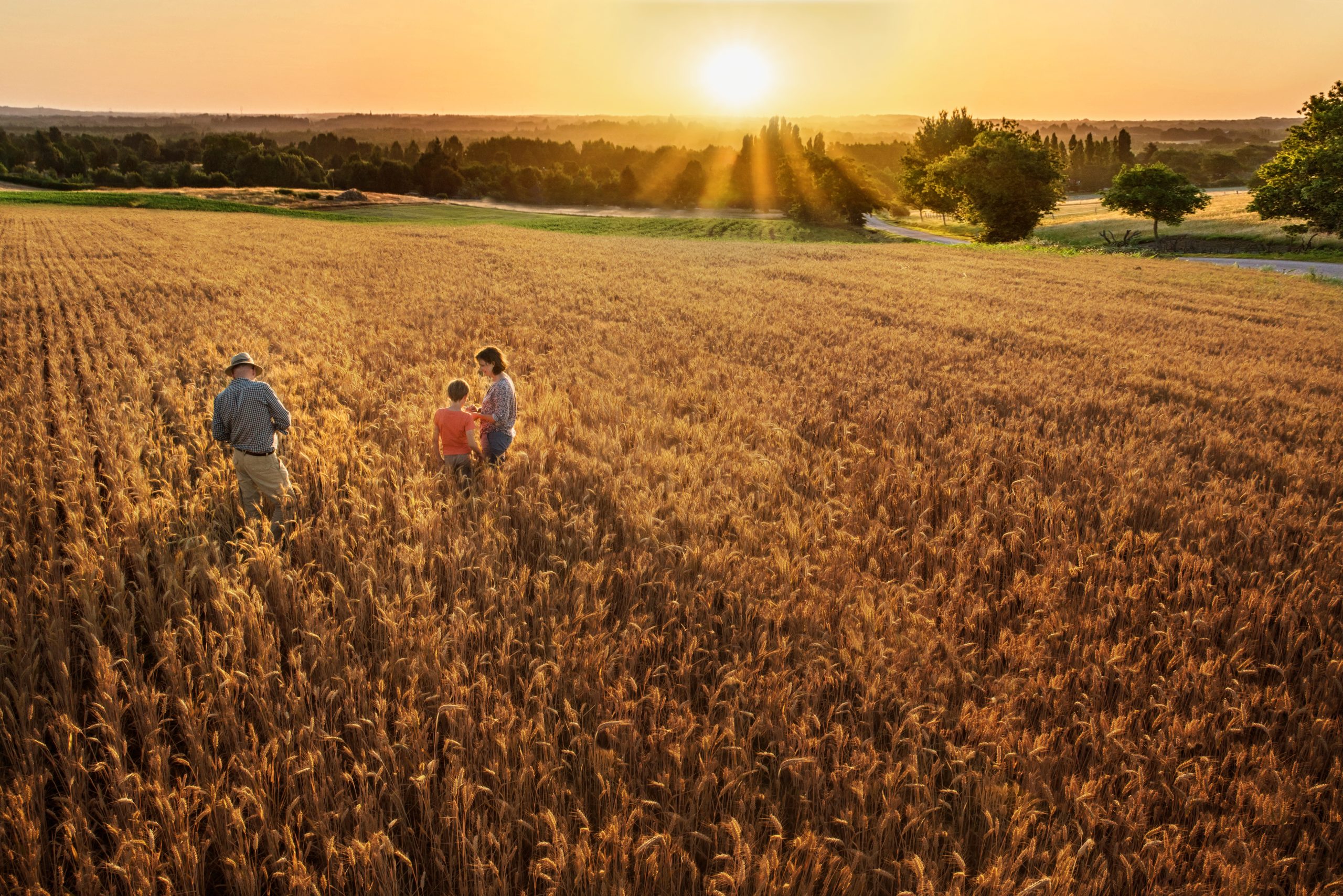 A man and two children stand in a field.
