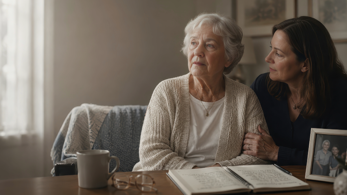 An adult woman sits at a desk with her mother.