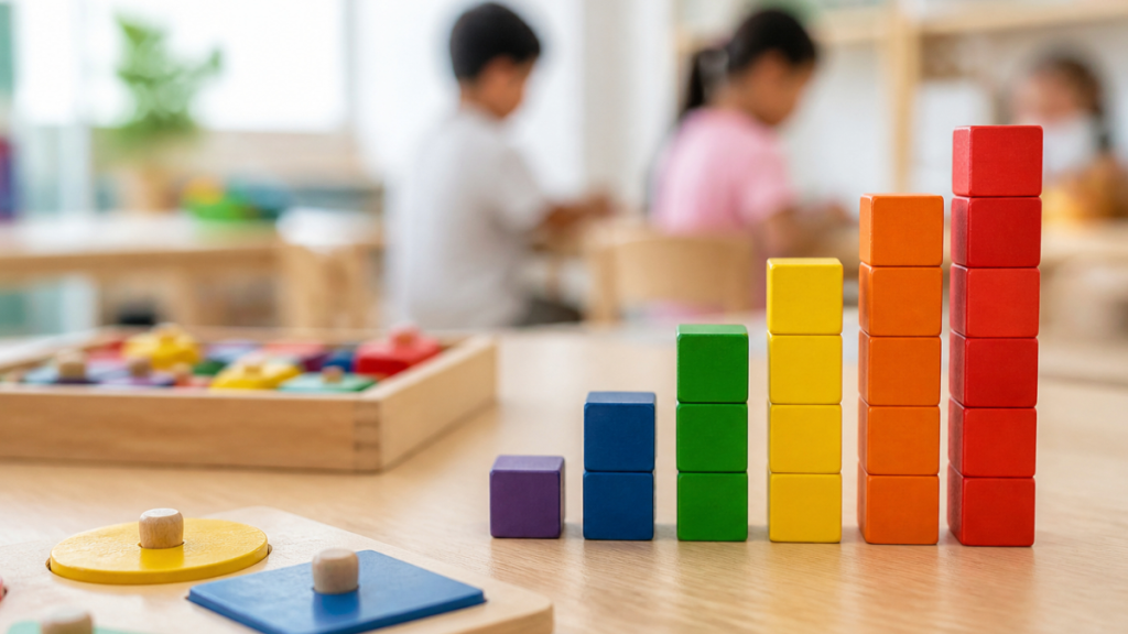 A set of children's blocks arranged on a table.