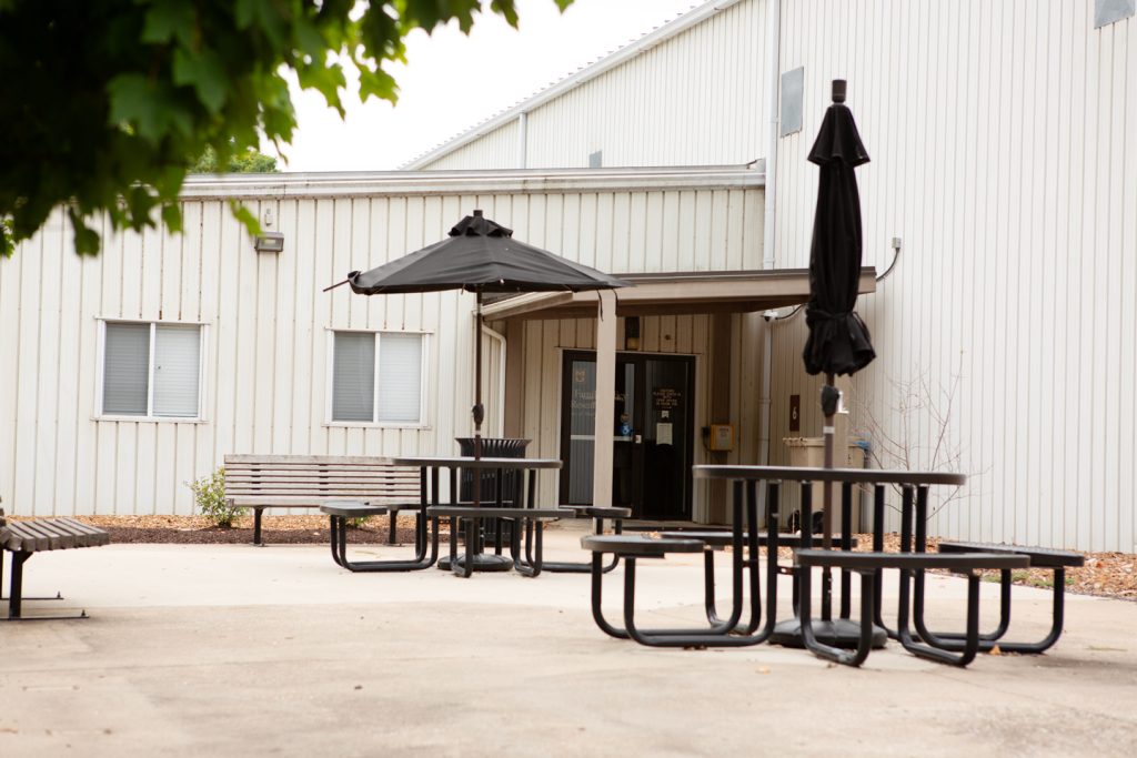 Outdoor seating and entrance for CFPR.